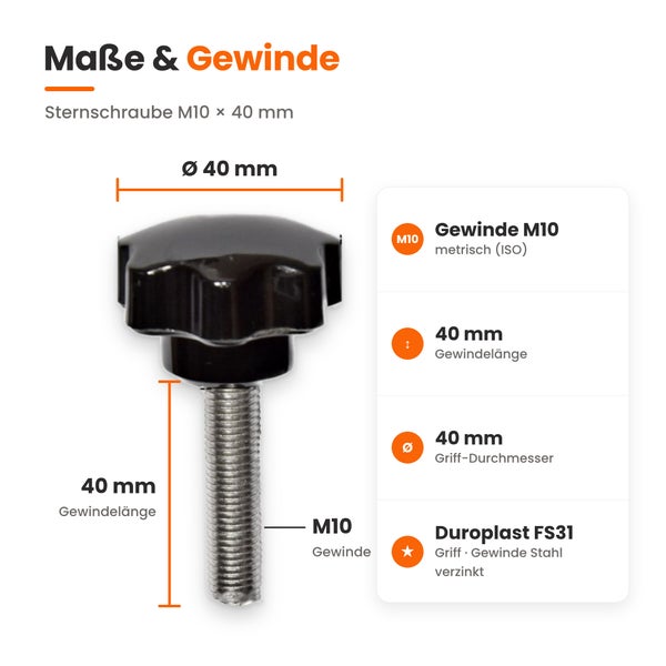 Technische Zeichnung einer Sternschraube mit M10 Gewinde und 40 Millimeter Gewindelänge sowie Griffdurchmesser aus Duroplast und verzinktem Stahl.