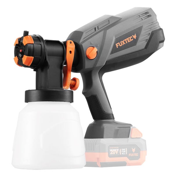 Akku-Farbsprühsystem FUXTEC 20 Volt in Grau und Orange mit weißem Farbbehälter.
