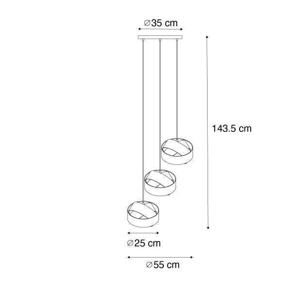 Skizze einer 3-flammigen Pendelleuchte mit Maßen: Höhe 143,5 Zentimeter, Baldachin Durchmesser 35 Zentimeter, Schirm Durchmesser 25 Zentimeter.