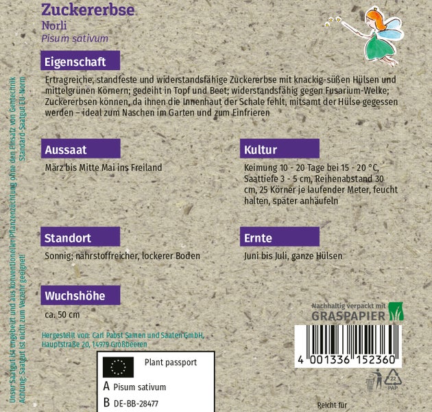Rückseite der Samentüte Zuckererbse Norli aus Graspapier mit Hinweisen zu Aussaat, Standort, Ernte und Wuchshöhe von circa 50 Zentimetern.