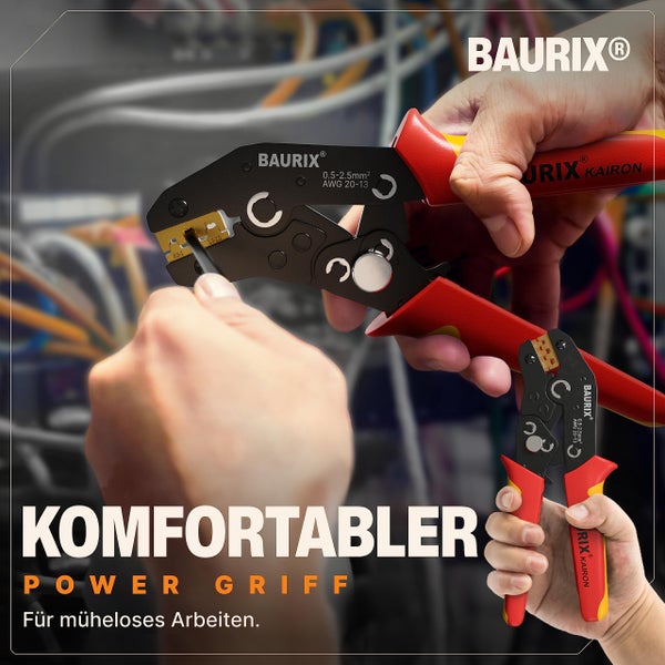BAURIX® Crimpzange I Krimpzange für 0,50-2,50 mm² Steckverbinder I Crimpzange einzeln I Crimp Zange I Flachsteckhülsenzange I Crimpwerkzeug