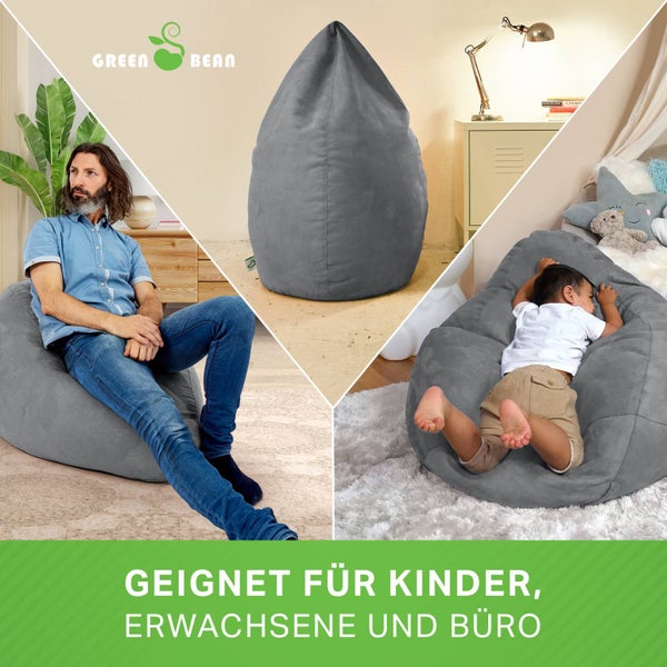 Green Bean Sitzsack mit Rückenlehne 60x60x90cm - Indoor Sitzkissen 220L Füllung Kuschelig Waschbar - Bean Bag Bodenkissen Lounge Chair Sitzhocker - Grau