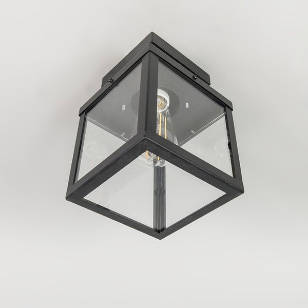 Quadratische Außen-Deckenleuchte aus schwarzem Metall und Klarglas mit sichtbarem Leuchtmittel.