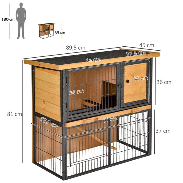 PawHut Hasenstall 2 Ebenen Kaninchenstall aus Vollholz Doppelstockhaus mit verschließbarer Tür 89,5 x 45 x 81 cm Kaninchenkäfig Kleintierstall für Hasen Kaninchen Hasenkäfig für Outdoor Hellgelb