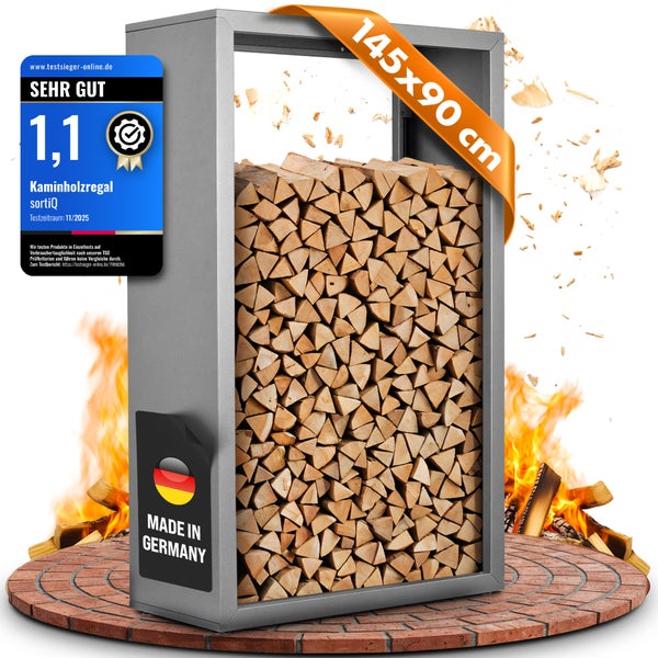 Kaminholzregal aus Metall gefüllt mit Brennholz, Größe 145x90 cm, Made in Germany Siegel und Testsieger-Siegel