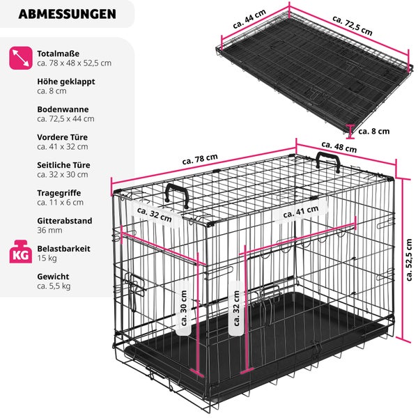 Abmessungen einer Hundetransportbox mit Details zu Gesamtgröße, Höhe im zusammengeklappten Zustand, Bodenwanne, Tür vorne, Seitentür, Tragegriffe, Gitterabstand, Belastbarkeit und Gewicht.