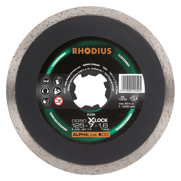 RHODIUS Diamanttrennscheibe DG50 X-LOCK, 1 Stück, 115 x 7,0 x 1,6 x 22,23 mm für Fliesen/Keramik, ALPHAline