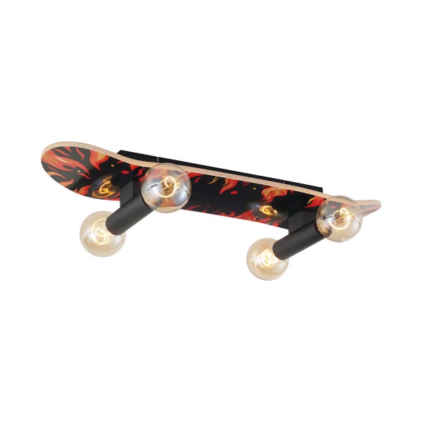 Vierflammige Deckenleuchte im Skateboard-Design mit Flammen-Dekor.