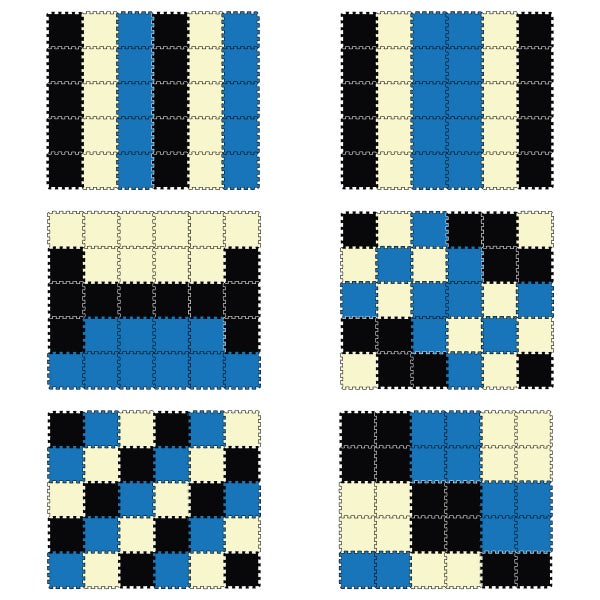 Verschiedene Verlegemuster für modulare Steckfliesen aus Kunststoff in unterschiedlichen quadratischen Anordnungen.