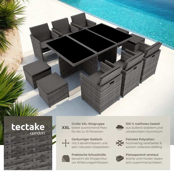 Rattan Sitzgruppe tectake New York 2 Bezugssets, zusammenschiebbar, inklusive Schutzhülle mit Aluminiumgestell grau