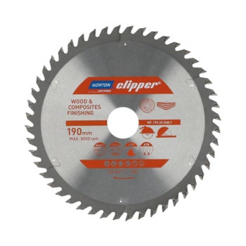 Norton Clipper Kreissägeblatt für Holz und Verbundwerkstoffe mit 190 Millimeter Durchmesser und 8000 Umdrehungen pro Minute maximal.