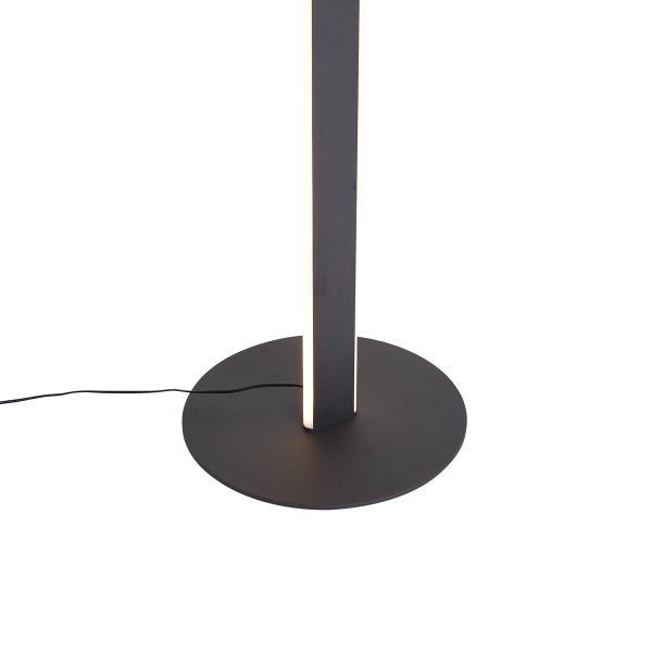 Sockel einer anthrazitfarbenen LED-Stehleuchte aus Metall mit rundem Standfuß und integriertem Leuchtelement.