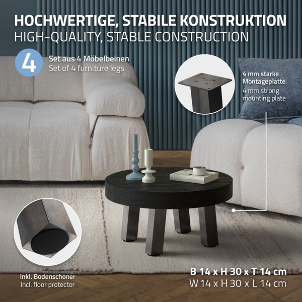 Set aus 4 stabilen Möbelbeinen aus Metall für Tische, inklusive Bodenschonern und 4 Millimeter Montageplatte, Maße 14 mal 30 mal 14 Zentimeter.