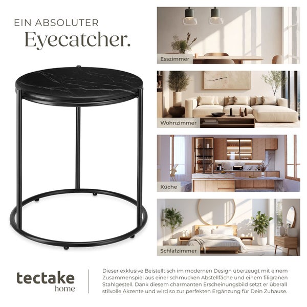Moderner runder Beistelltisch mit schwarzer Marmor-Optik und Stahlgestell, dargestellt in Wohnzimmer, Schlafzimmer, Küche und Esszimmer.