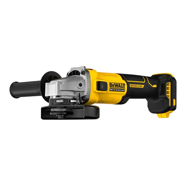 DeWalt Akku Winkelschleifer mit 18 Volt XR bürstenlosem Motor und Seitengriff.
