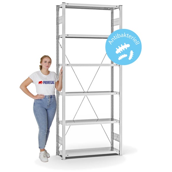 PROREGAL Antibakterielles Fachbodenregal Stecksystem T-Profil HxBxT 250 x 100 x 30 cm 6 Ebenen Traglast 150 kg Antibakterielle Beschichtung Weiß