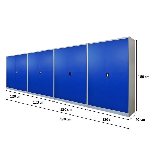 Fünf blaue Stahlschränke mit den Maßen 180 cm Höhe, 120 cm Breite und 40 cm Tiefe.