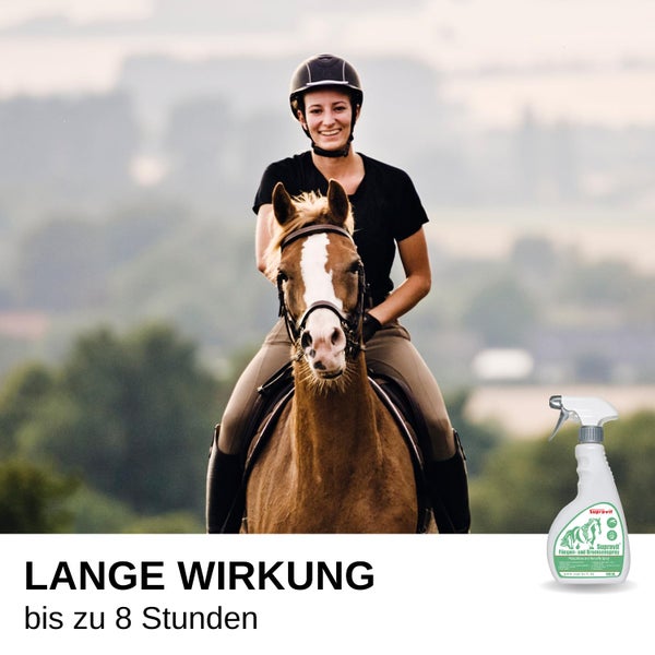 Supravit Fliegen- und Bremsenspray für Pferde. Eine Frau reitet auf einem Pferd. Lange Wirkung bis zu 8 Stunden.