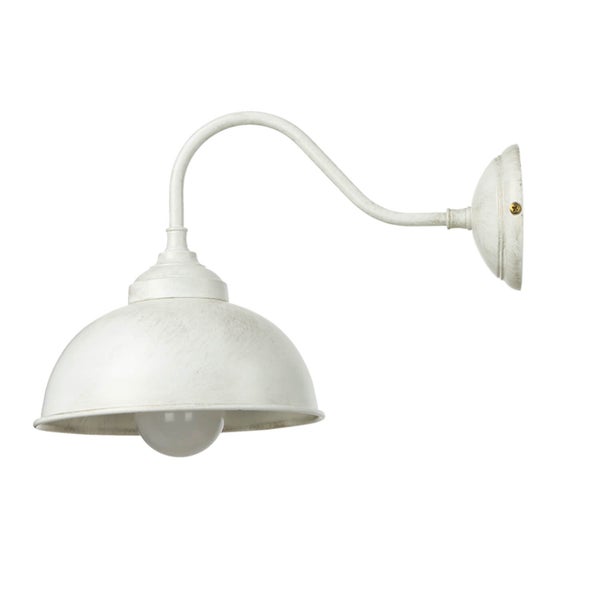 Weiße Außenwandleuchte mit schirmförmigem Lampenkopf und gebogenem Arm