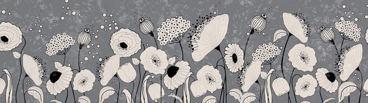 Tapetenbordüre mit illustrierten Blumen wie Mohn und Samenkapseln in Schwarz und Weiß auf grauem Hintergrund.
