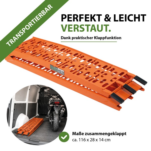 Zusammengeklappte, orange Auffahrrampe von Trutzholm, Maße circa 116 mal 28 mal 14 Zentimeter, leicht zu verstauen und transportierbar.