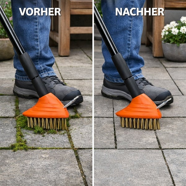 Vorher-Nachher-Ansicht einer Fugenbürste im Einsatz auf Pflastersteinen