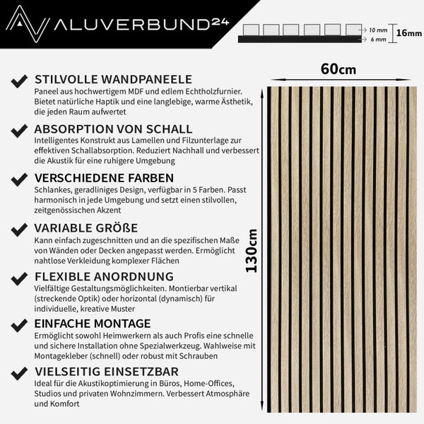 Wandpaneel aus MDF und Echtholzfurnier mit Filz zur Schallabsorption, Maße 130 Zentimeter mal 60 Zentimeter, 16 Millimeter Stärke.