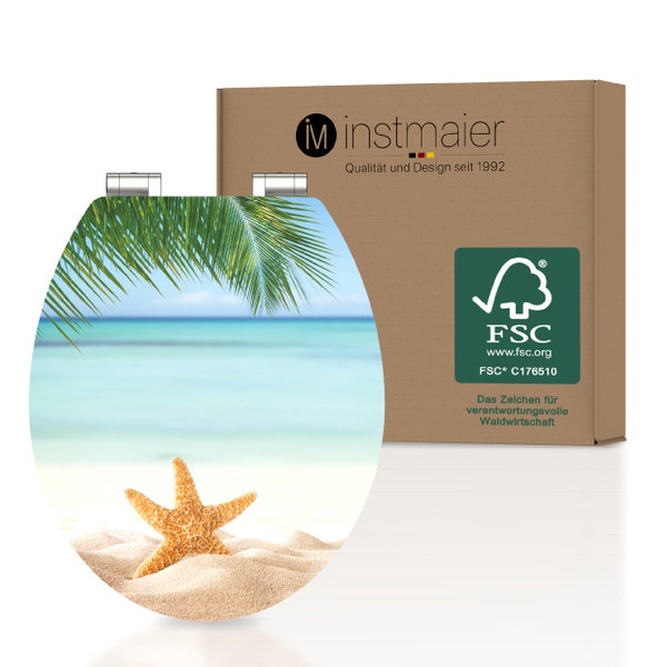 instmaier WC Sitz WC10M | FSC zertifiziertes Holz | Toilettendeckel mit Absenkautomatik | Klobrille Motiv - Seestern am Strand | Oval | Nachhaltig | MDF-Holzkern