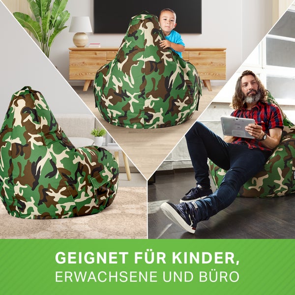 Green Bean Sitzsack mit Rückenlehne 80x70x90cm - Gaming Chair mit 230L Füllung Kuschelig Weich Waschbar - Bean Bag Bodenkissen Lounge Sitzhocker Relax-Sessel Gamer Gamingstuhl Camouflage Grün