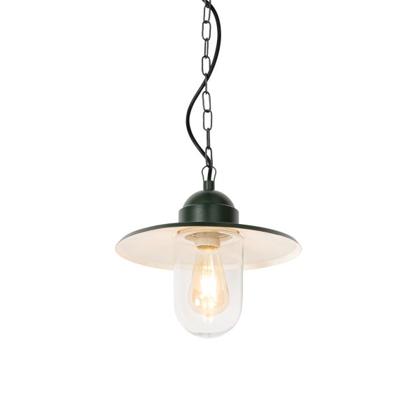 Rustikale Außen-Pendelleuchte mit dunkelgrünem Metallschirm, klarem Glas und Kettenaufhängung.