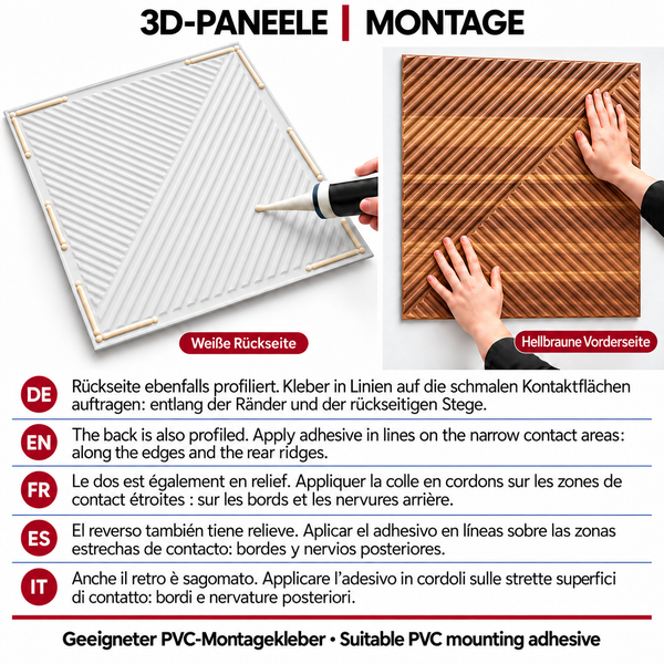 Montageanleitung für 3D Paneele mit Darstellung des Kleberauftrags auf die profilierte Rückseite und der Anbringung an die Wand.
