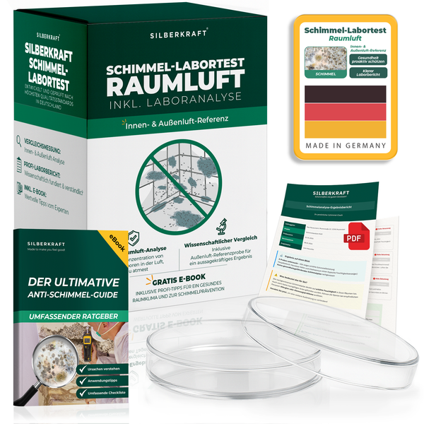 Silberkraft Schimmel-Labortest Raumluft inklusive Laboranalyse, zwei Petrischalen, digitalem Analysebericht und E-Book Ratgeber. Hergestellt in Deutschland.