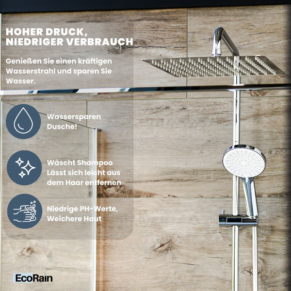 EcoRain 30% Wassersparender Regenduschkopf Tyler 30 CM Quadrat mit Wand-Duscharm und Schlauchanschluss - Hoher Wasserdruck - Universeller Anschluss - Anti-Kalk Duschkopf - Chrom