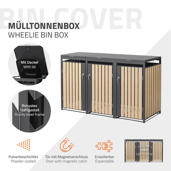 Mülltonnenbox für drei Tonnen, Stahlgestell, Lärche-Dekor, Deckel, Magnetverschluss, pulverbeschichtet und erweiterbar.