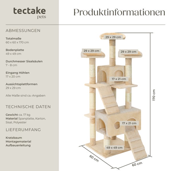 Kratzbaum mit mehreren Ebenen, Höhlen und Sisalsäulen von tectake pets