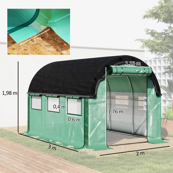 Outsunny Gewächshaus 3 x 2 x 2 m Foliengewächshaus mit 6 Fenster, Rolltüren, Aufrollbar Seitenwänden, UV-beständiger Folientunnel, Winterfest Tomatenhaus mit Erdanker, Grün