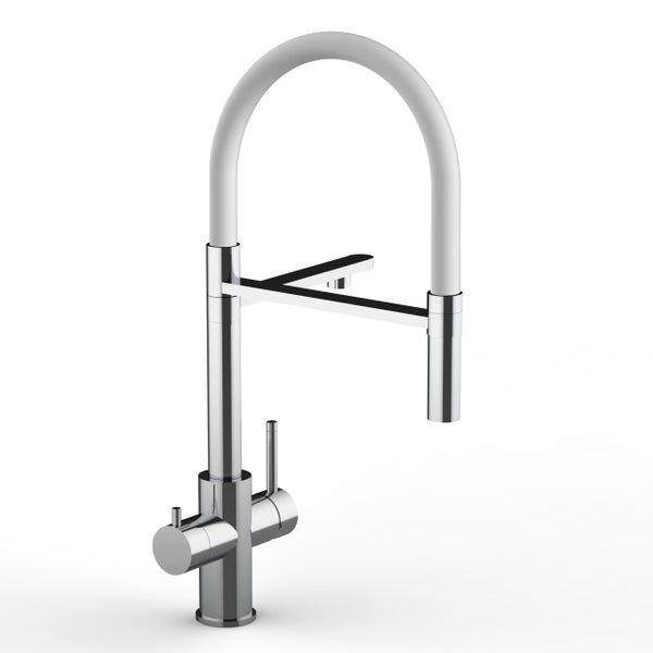 5 Wege Wasserhahn Küchenarmatur, Edelstahl Massiv mit 360° schwenkbarem Auslauf, abnehmbare 2 strahl Handbrause, Hochglanz / Weiß
