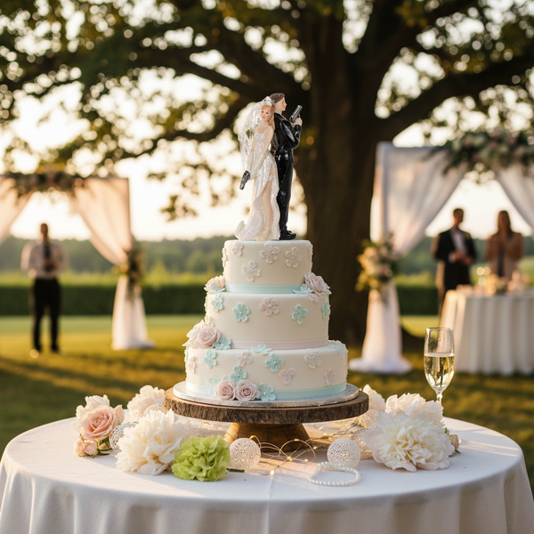 Dreistöckige Hochzeitstorte mit kleinen Zuckerblumen und Brautpaar-Figur auf einem Holzständer im Freien bei einer Hochzeitsfeier.