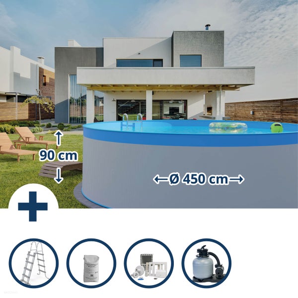 Aufbaupool mit den Maßen 450 cm Durchmesser und 90 cm Höhe sowie Zubehör