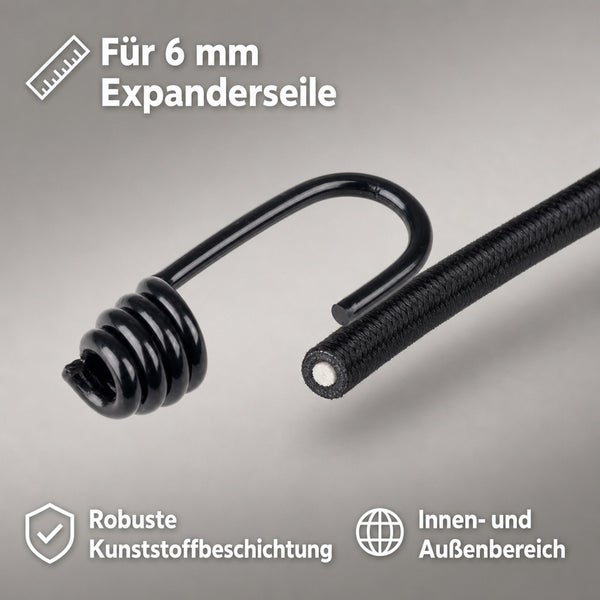 Haken für Expanderseile mit 6 Millimeter Durchmesser und robuster Kunststoffbeschichtung für den Innen und Außenbereich.