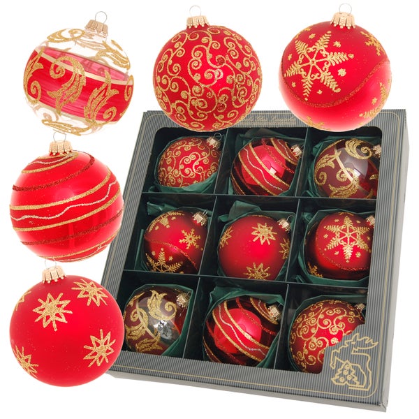 Set mit neun Christbaumkugeln, aus Glas, rot mit verschiedenen Motiven in goldener Farbe