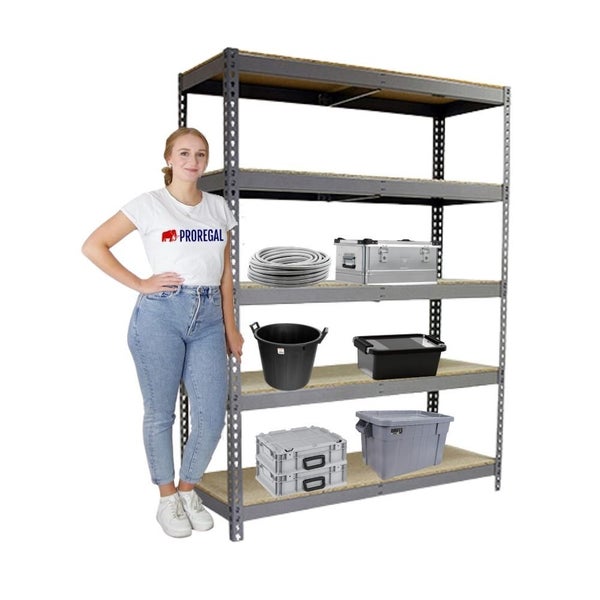PROREGAL Schwerlastregal Wood Beast Five HxBxT 200 x 150 x 90 cm 5 Ebenen Fachlast 600 kg Grau