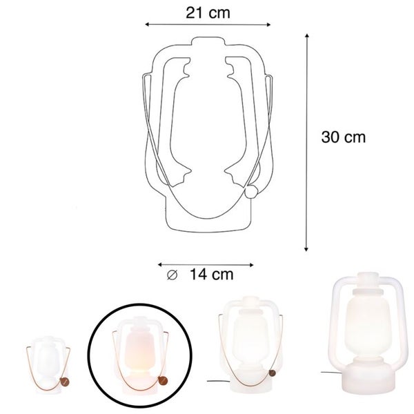 Maßzeichnung einer Laterne mit 21 Zentimeter Breite, 30 Zentimeter Höhe und 14 Zentimeter Durchmesser.