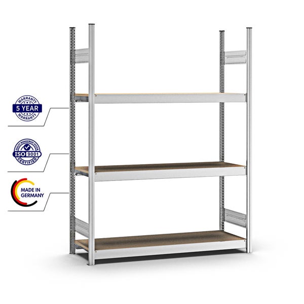 PROREGAL Weitspannregal Stecksystem T-Profil Grundregal HxBxT 200x150x40 cm 3 Ebenen Spanplatten Fachboden Fachlast 350 kg Verzinkt