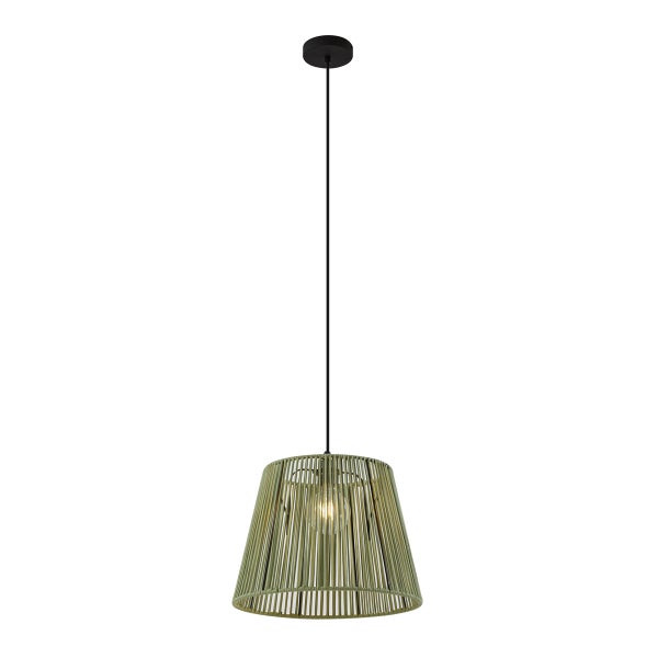 Hängeleuchte mit konischem Lampenschirm aus olivgrünen Kordeln, schwarzem Kabel und sichtbarem Leuchtmittel.