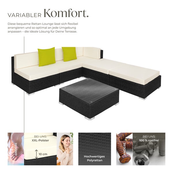 Rattan Lounge tectake Paris mit Sicherheitsglasplatte mit Aluminiumgestell schwarz