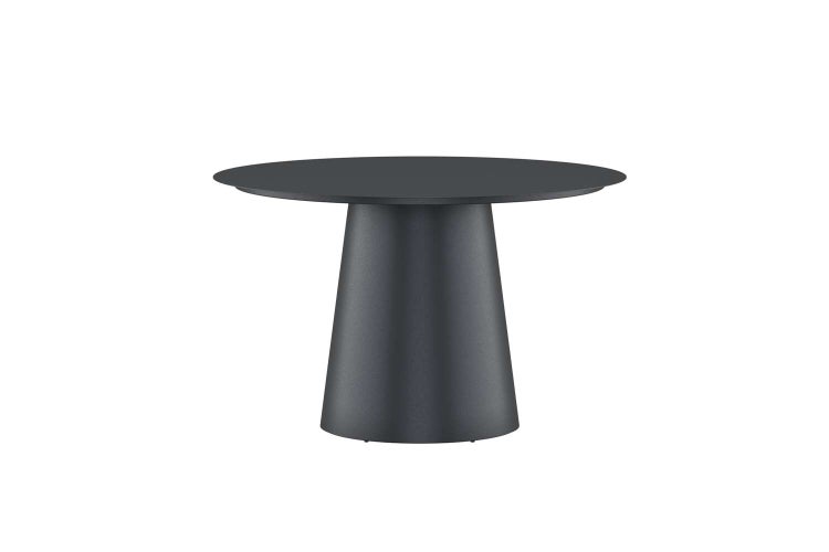 Moderner runder Gartentisch mit konischem Sockel aus Metall in Anthrazit.