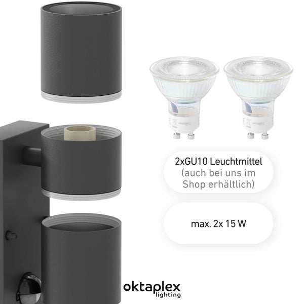 Oktaplex Chile Wandlampe mit Bewegungsmelder Edelstahl 2xGU10 Fassung anthrazit