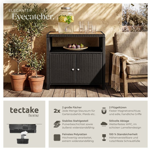 Tectake home Garten-Beistellschrank aus Polyrattan mit zwei Türen, wetterfester Ablage und höhenverstellbaren Füßen auf einer hellen Terrasse.