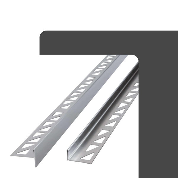 Zwei Fliesenschienen aus Metall mit gestanzten Löchern für Fliesenabschlüsse.